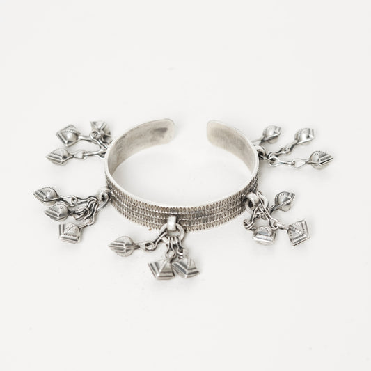 Rangeela Handmade Silver Kada Bangle with Deep Stamped Textures & Ghungroos