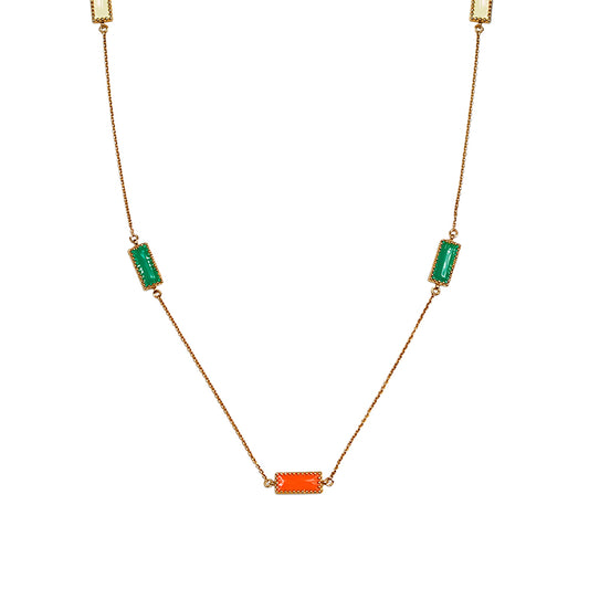 Deco Mosaic Long Chain Necklace – Gold Plated Rectangular Enamel Pendant Necklace