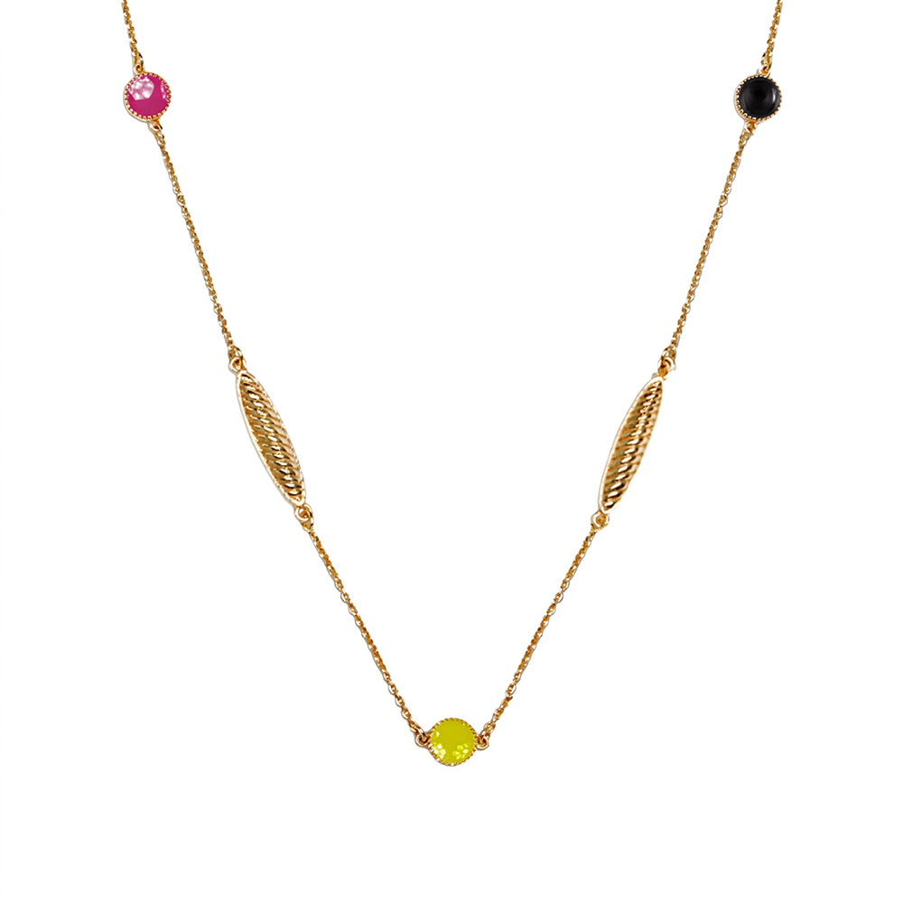 Deco Mosaic Round Long Chain Necklace – Gold Plated Enamel Pendant in Pink, Yellow & Purple