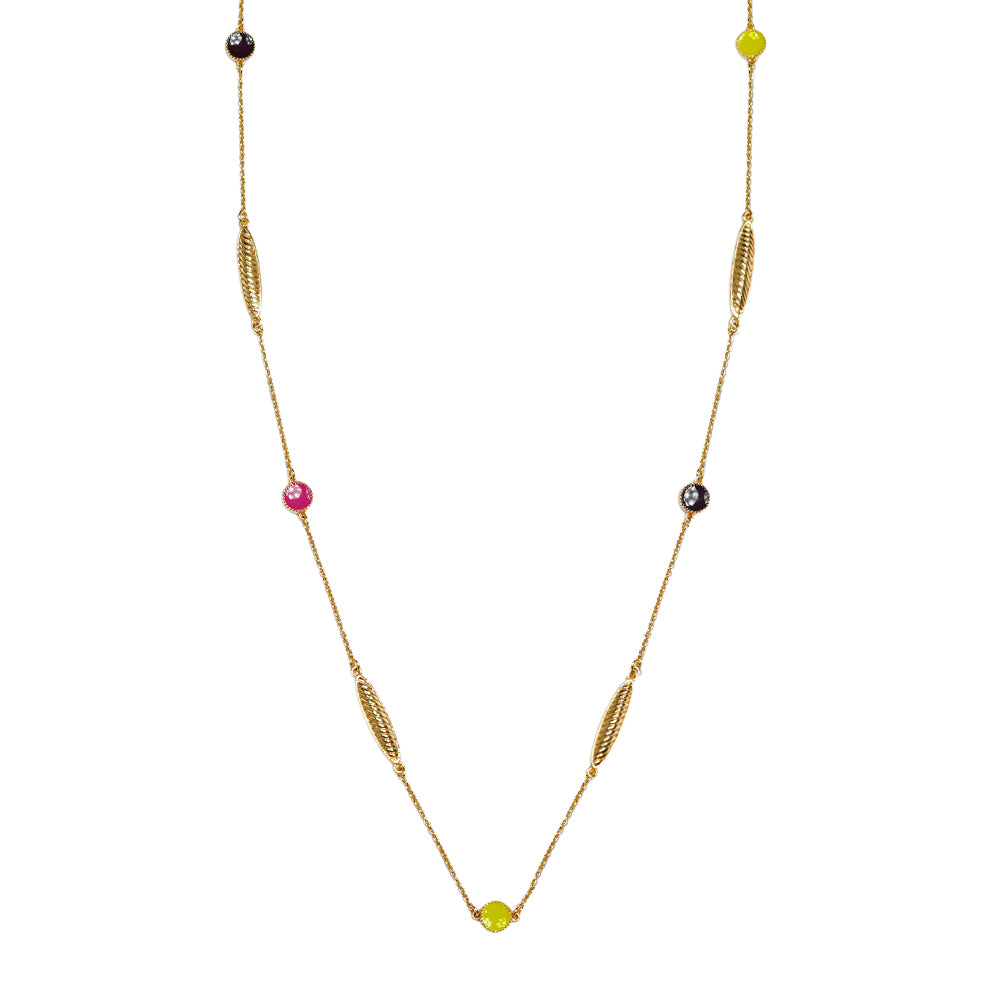 Deco Mosaic Round Long Chain Necklace – Gold Plated Enamel Pendant in Pink, Yellow & Purple