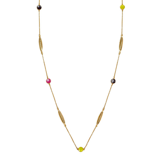 Deco Mosaic Round Long Chain Necklace – Gold Plated Enamel Pendant in Pink, Yellow & Purple