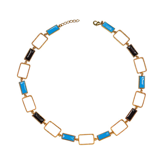 Deco Mosaic Gold-Plated Short Necklace in Blue & Black