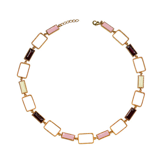 Deco Mosaic Gold-Plated Short Necklace in Pnk, White & Maroon