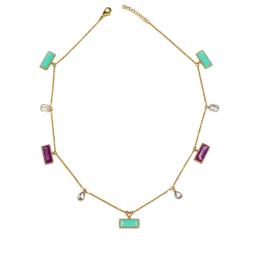 Deco Mosaic Mid-Length Necklace – Gold Plated Enamel & Cubic Zircon Necklace