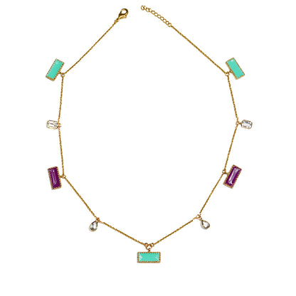 Deco Mosaic Mid-Length Necklace – Gold Plated Enamel & Cubic Zircon Necklace