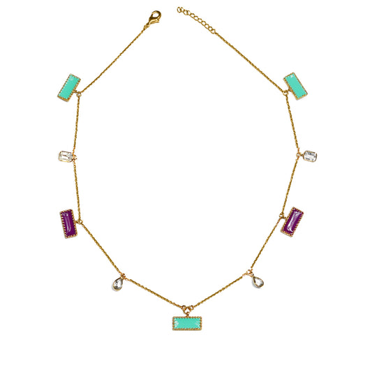 Deco Mosaic Mid-Length Necklace – Gold Plated Enamel & Cubic Zircon Necklace
