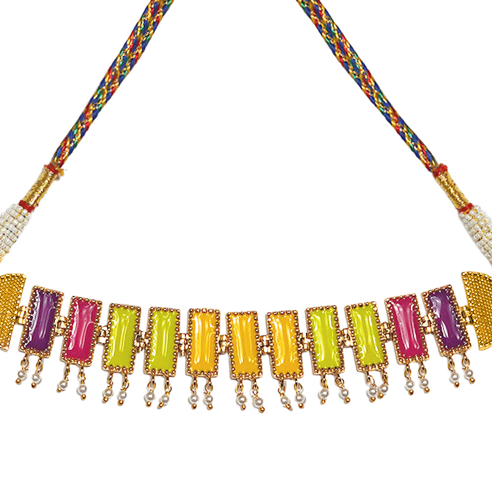 Deco Mosaic Gold-Plated Choker Necklace with Threadwork in Green, Yellow & Pink