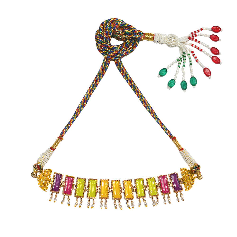 Deco Mosaic Gold-Plated Choker Necklace with Threadwork in Green, Yellow & Pink