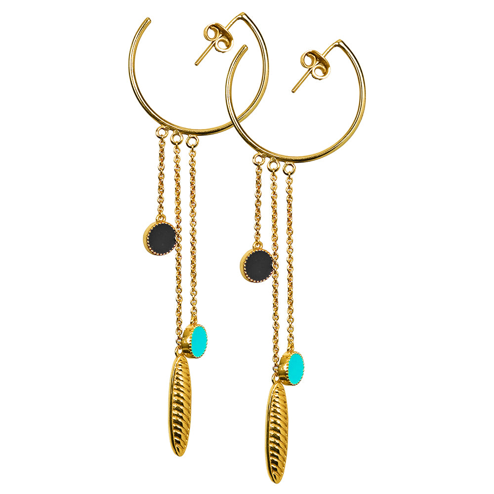 Deco Mosaic Gold-Plated Shoulder Duster Hoop Earrings in Blue & Black