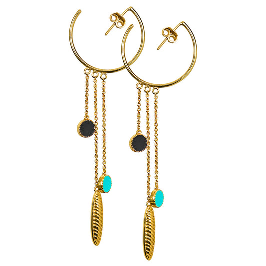 Deco Mosaic Gold-Plated Shoulder Duster Hoop Earrings in Blue & Black
