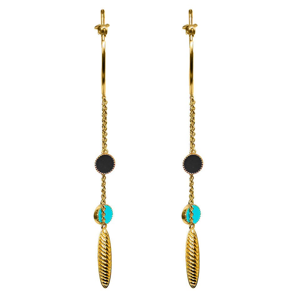 Deco Mosaic Gold-Plated Shoulder Duster Hoop Earrings in Blue & Black