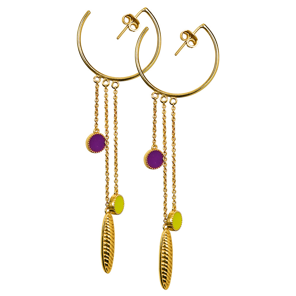 Deco Mosaic Gold-Plated Shoulder Duster Hoop Earrings in Purple & Green
