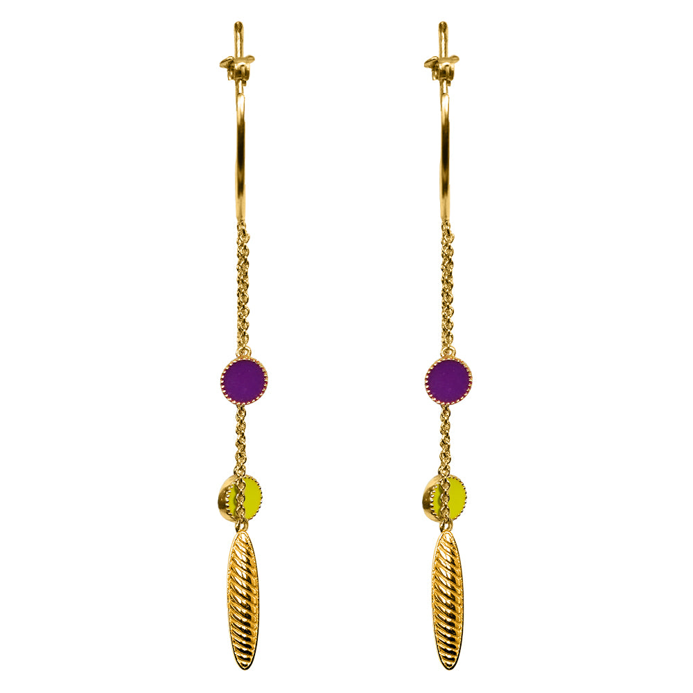 Deco Mosaic Gold-Plated Shoulder Duster Hoop Earrings in Purple & Green