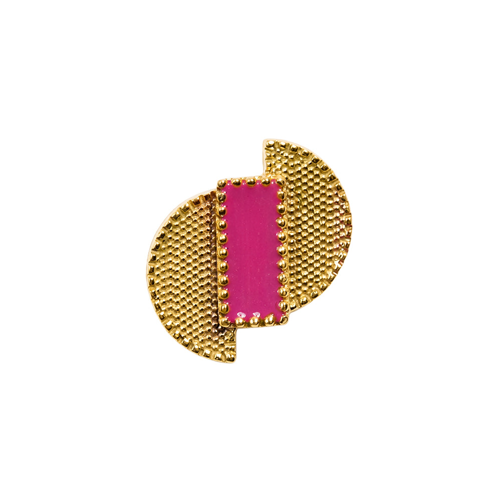 Deco Mosaic D-Shape Stud Earrings – Gold Plated Pink Resin Enamel Earrings
