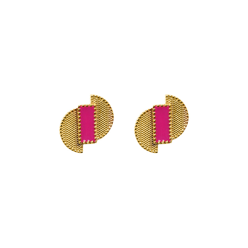 Deco Mosaic D-Shape Stud Earrings – Gold Plated Pink Resin Enamel Earrings