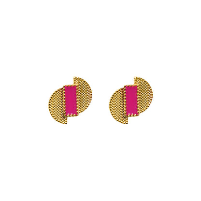 Deco Mosaic D-Shape Stud Earrings – Gold Plated Pink Resin Enamel Earrings