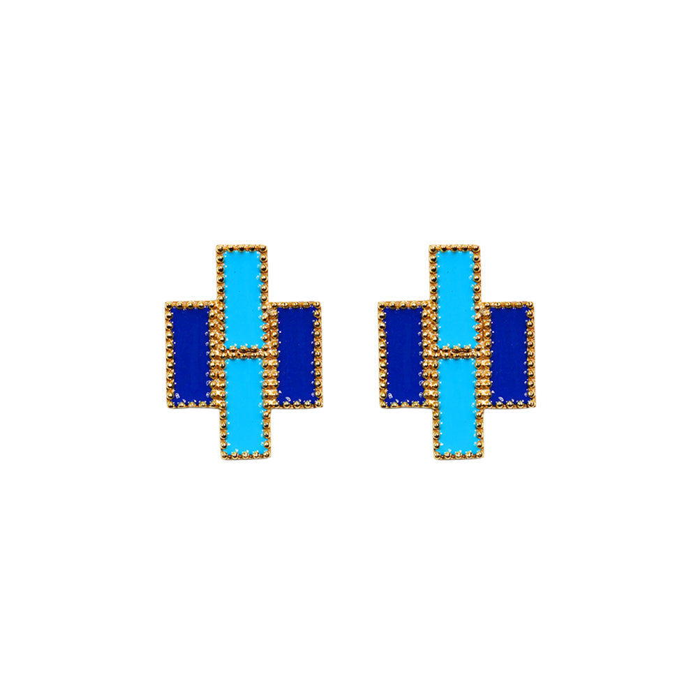 Deco Mosaic Gold-Plated Geometric Stud Earrings in Light & Dark Blue