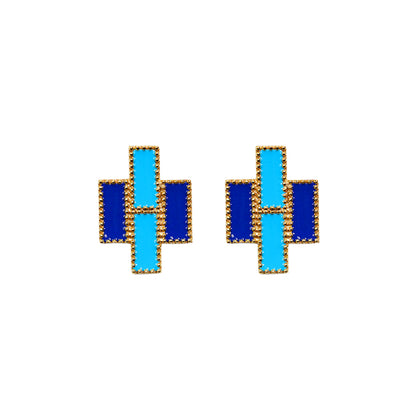 Deco Mosaic Gold-Plated Geometric Stud Earrings in Light & Dark Blue