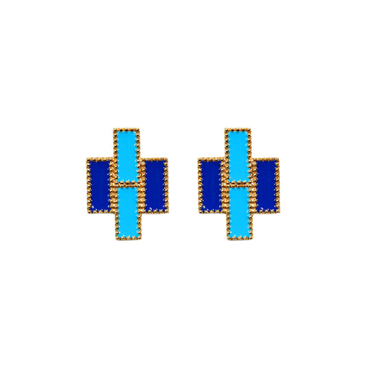Deco Mosaic Gold-Plated Geometric Stud Earrings in Light & Dark Blue