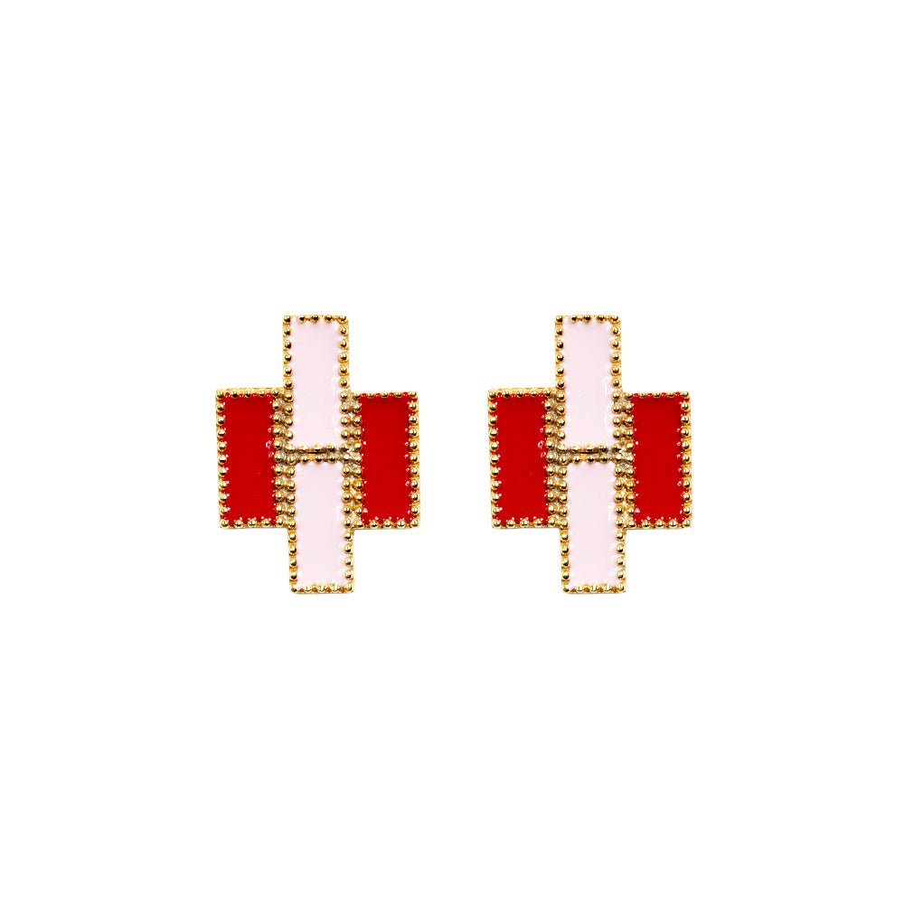 Deco Mosaic Gold-Plated Geometric Stud Earrings in Pink & Red