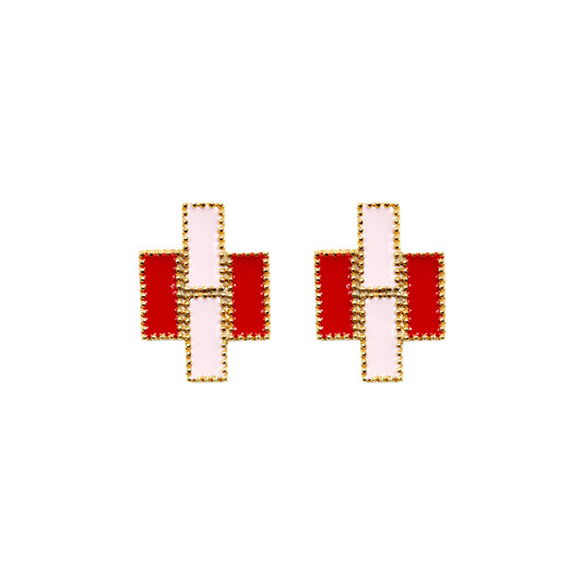 Deco Mosaic Gold-Plated Geometric Stud Earrings in Pink & Red