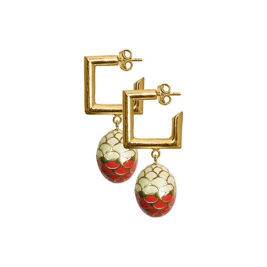 Deco Mosaic Gold-Plated Square Earrings in Red & White