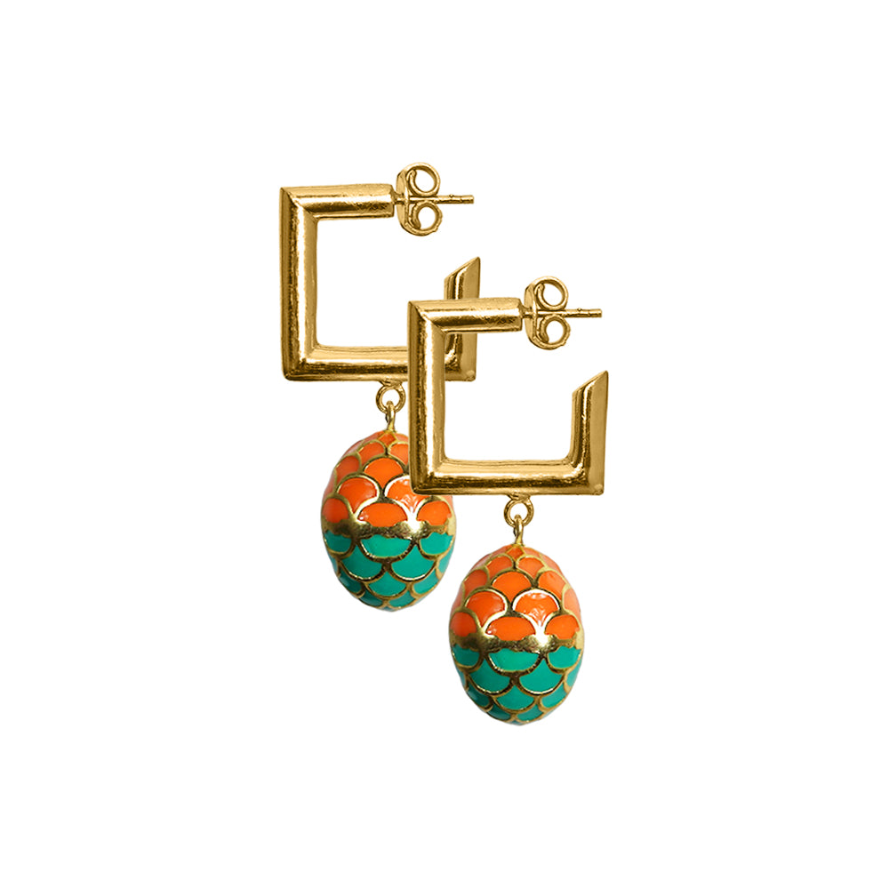 Deco Mosaic Gold-Plated Square Earrings in Orange & Green