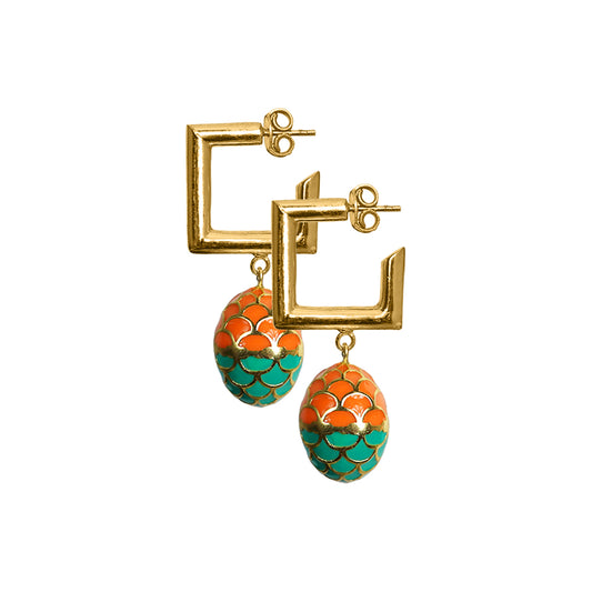 Deco Mosaic Gold-Plated Square Earrings in Orange & Green