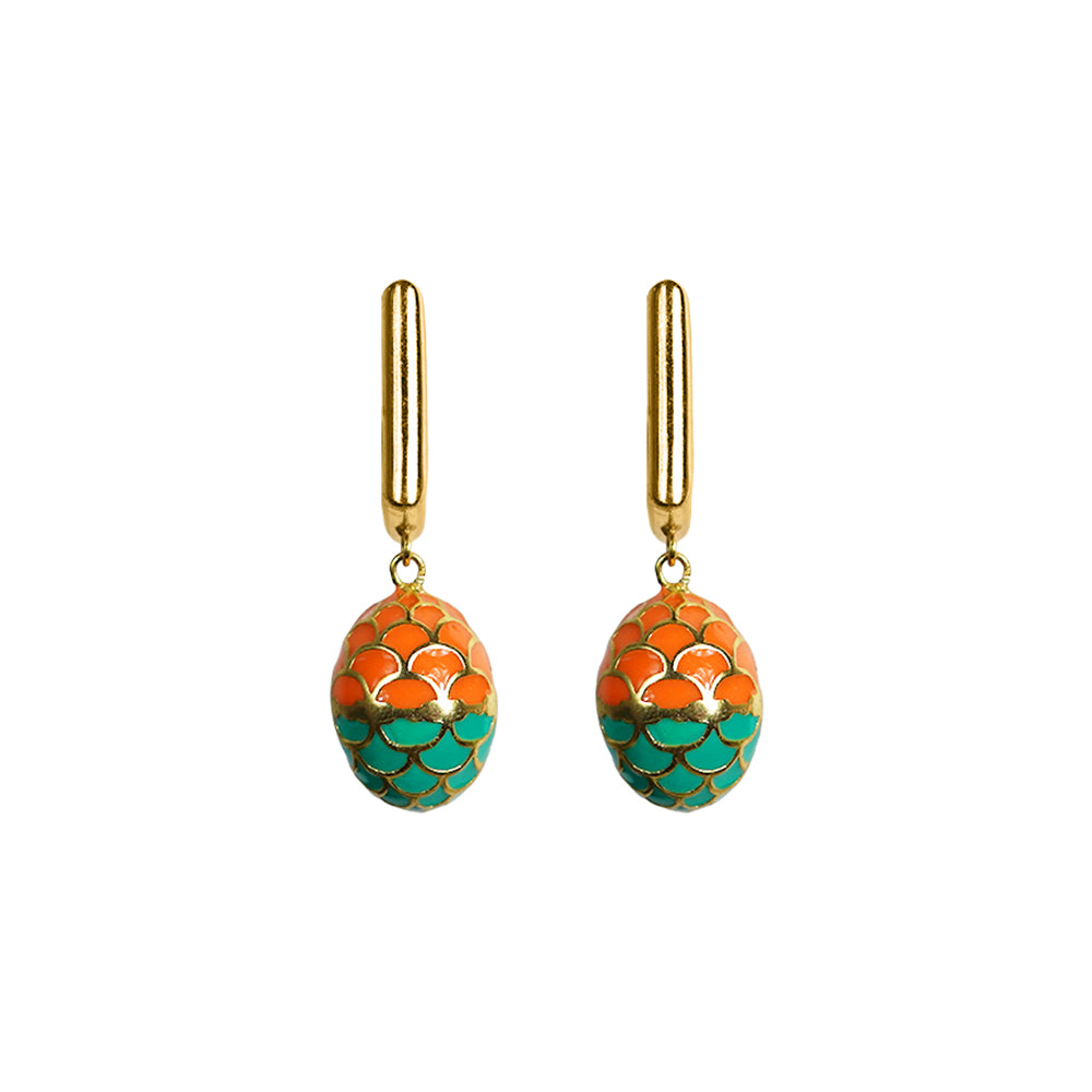Deco Mosaic Gold-Plated Square Earrings in Orange & Green