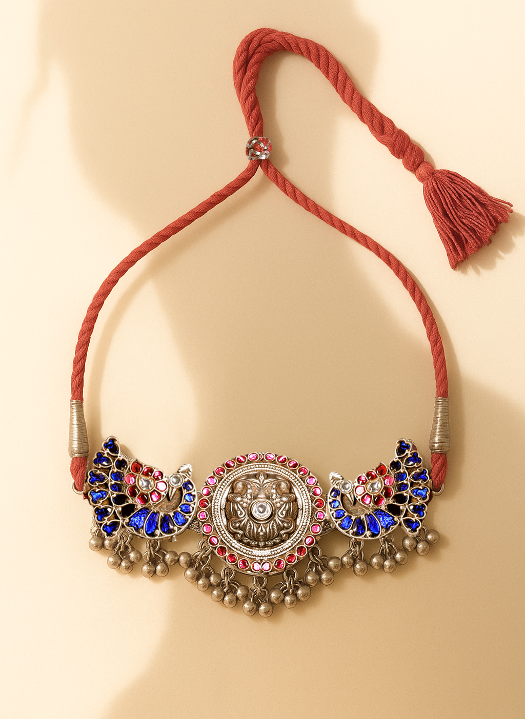 Phulwari Chitai Repousse Necklace with Silver Ghungroos & Glass Setting wth Adjustable Drawstring Closure