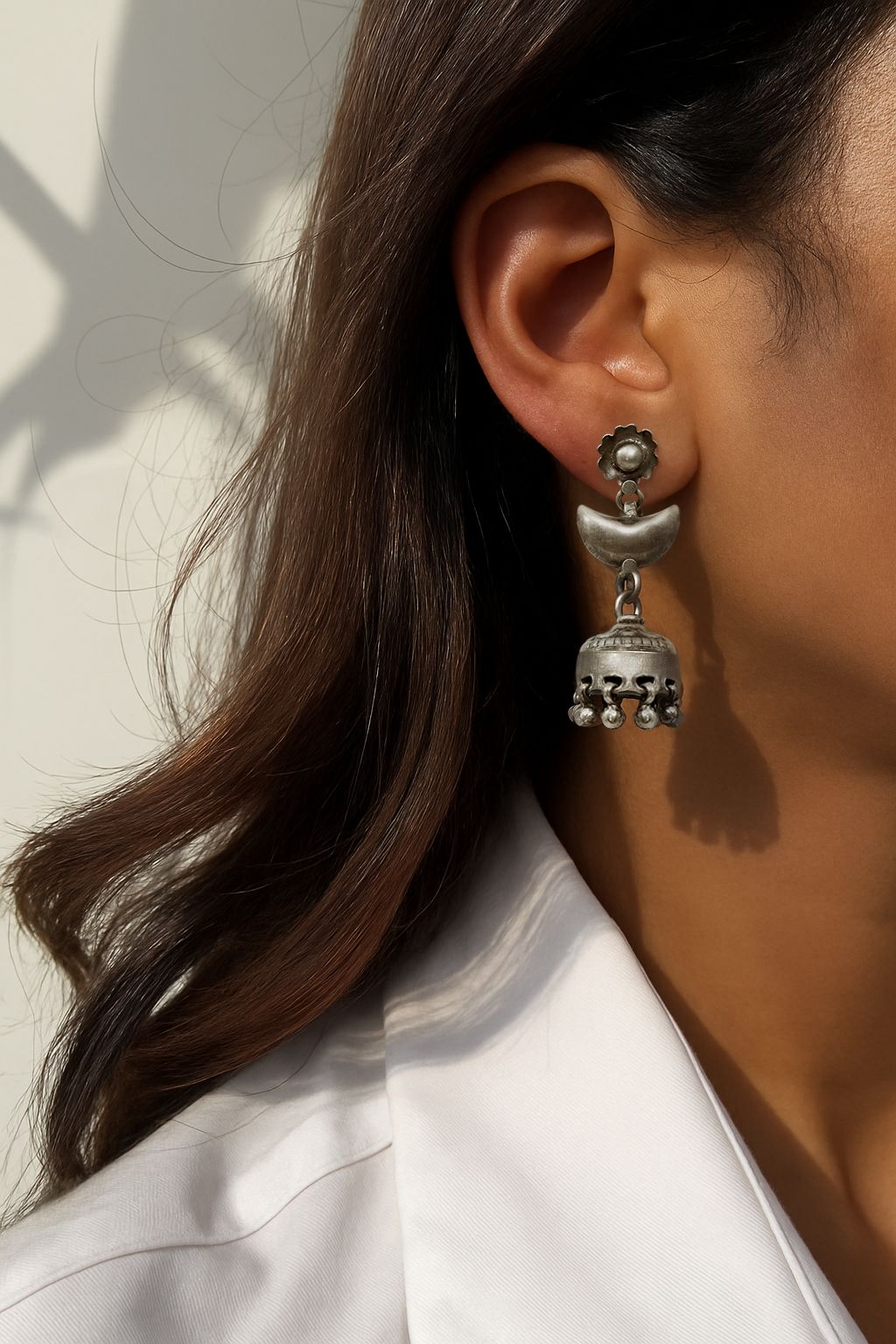 Sitara Handcrafted Stamped & Embossed Silver Jhumkas with Bead Detailing