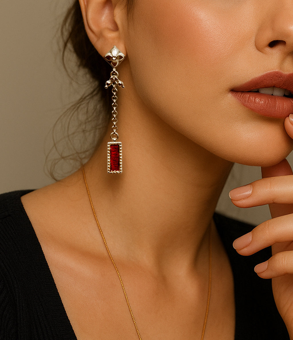Sheesh Mahal Handcrafted Silver Earrings – Stamped Design with Ghungroos, Silver Chains & Red Meenakari