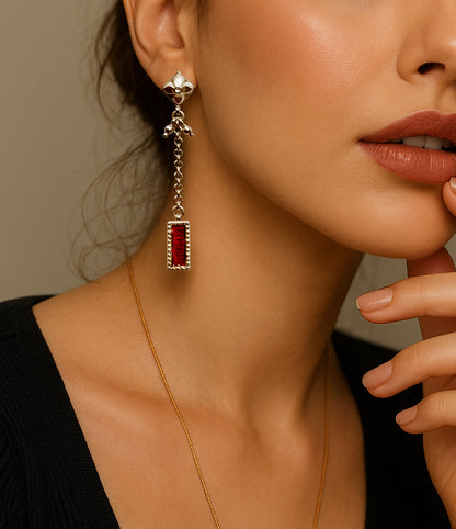 Sheesh Mahal Handcrafted Silver Earrings – Stamped Design with Ghungroos, Silver Chains & Red Meenakari
