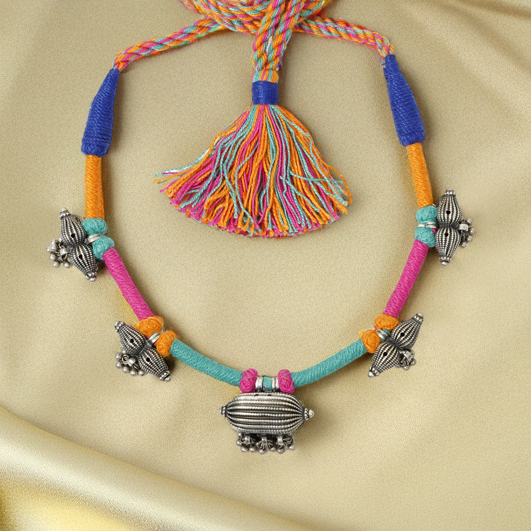 Rangeela Handmade Silver Necklace with Handcrafted Beads & Multicolored Bandhai Thread Work