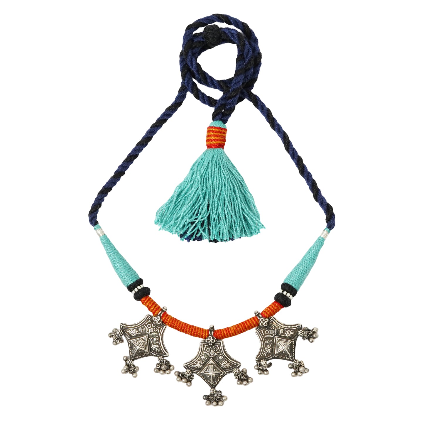 Rangeela Handmade Silver Necklace with Stamping, Ghungroos & Teal, Orange, Black Bandhai Thread