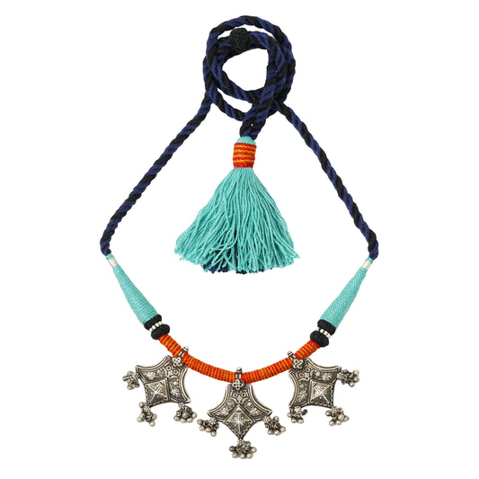Rangeela Handmade Silver Necklace with Stamping, Ghungroos & Teal, Orange, Black Bandhai Thread