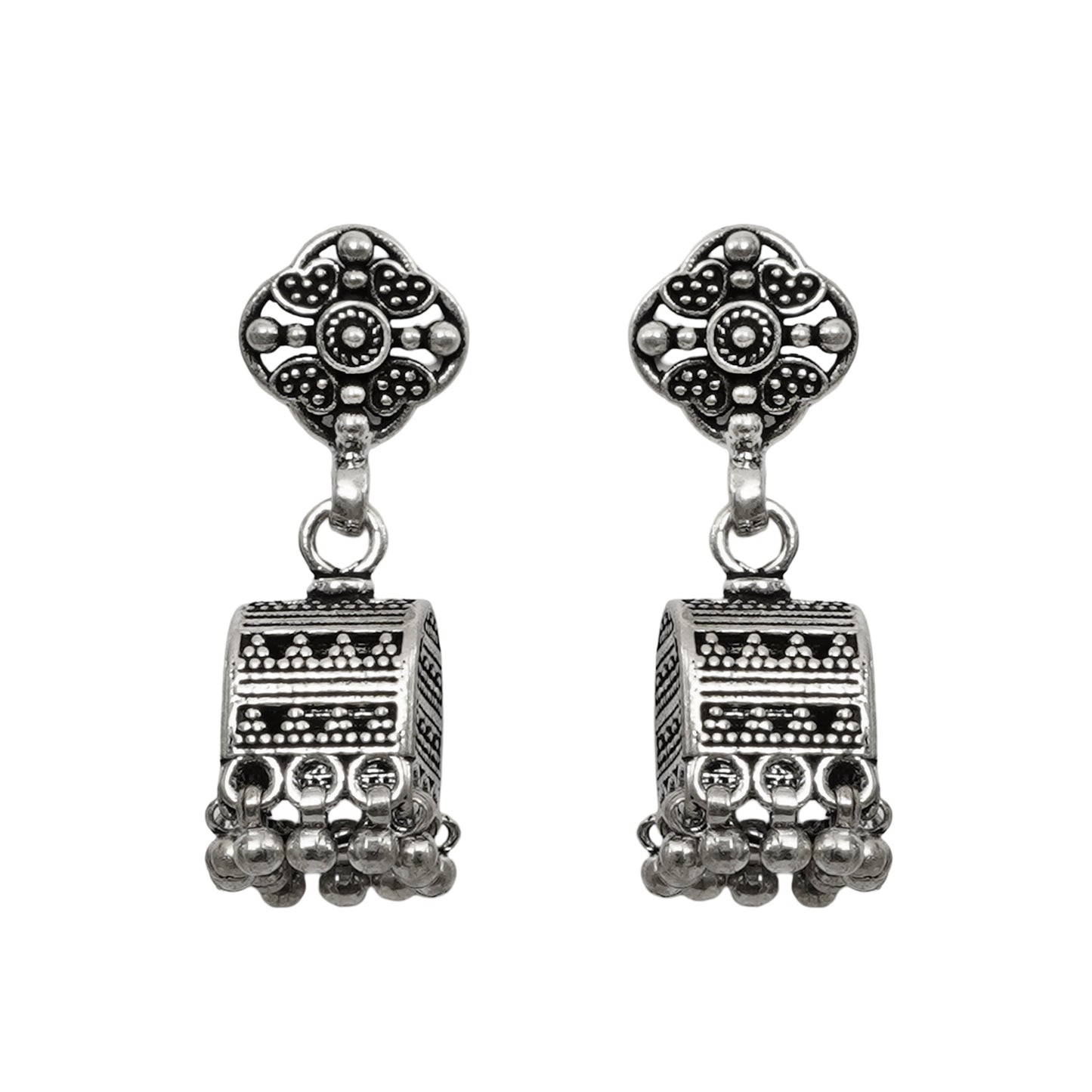 Sitara Handcrafted Stamped & Embossed Silver Jhumkas – Elegant Traditional Earrings