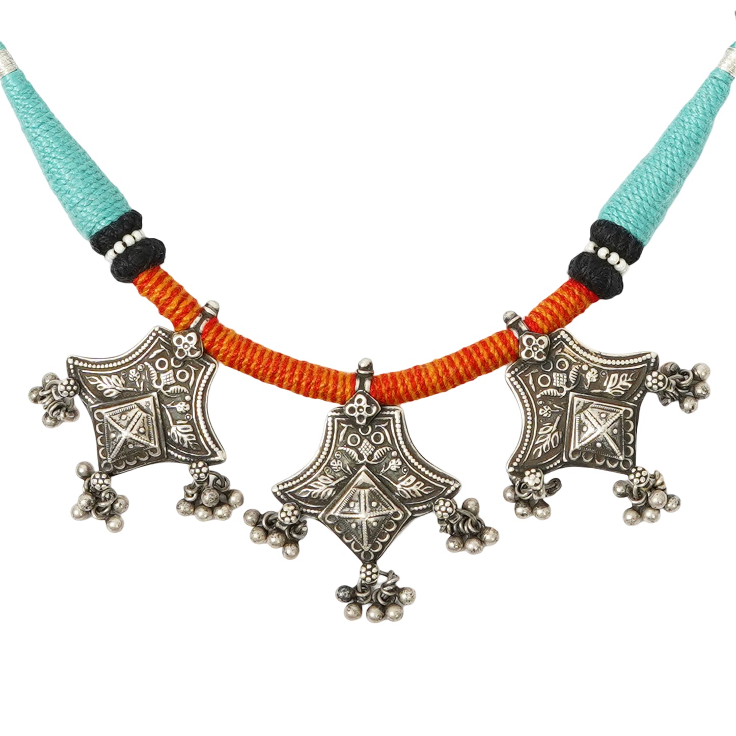 Rangeela Handmade Silver Necklace with Stamping, Ghungroos & Teal, Orange, Black Bandhai Thread