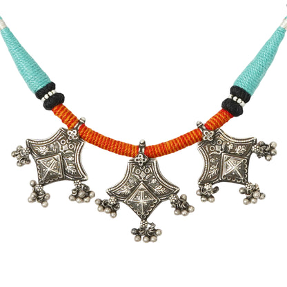 Rangeela Handmade Silver Necklace with Stamping, Ghungroos & Teal, Orange, Black Bandhai Thread