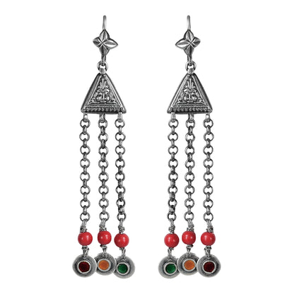 Devi Stamped Silver Earrings with Coral Beads and Multicoloured Meenakari Enamel