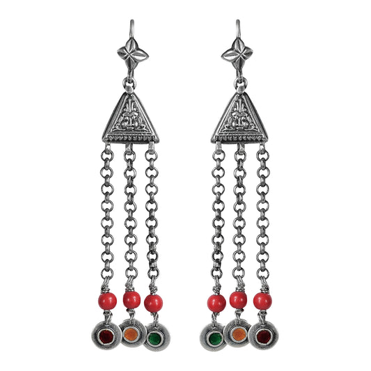 Devi Stamped Silver Earrings with Coral Beads and Multicoloured Meenakari Enamel