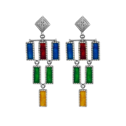 Sheesh Mahal Handcrafted Silver Chandelier Earrings – 4-Layer Stamped Design with Multicolored Meenakari & Silver Hooks
