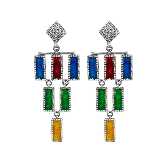 Sheesh Mahal Handcrafted Silver Chandelier Earrings – 4-Layer Stamped Design with Multicolored Meenakari & Silver Hooks