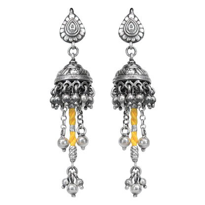 Rangeela Silver Jhumkas with Yellow Threadwork and Ghungroos