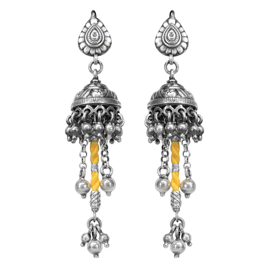Rangeela Silver Jhumkas with Yellow Threadwork and Ghungroos