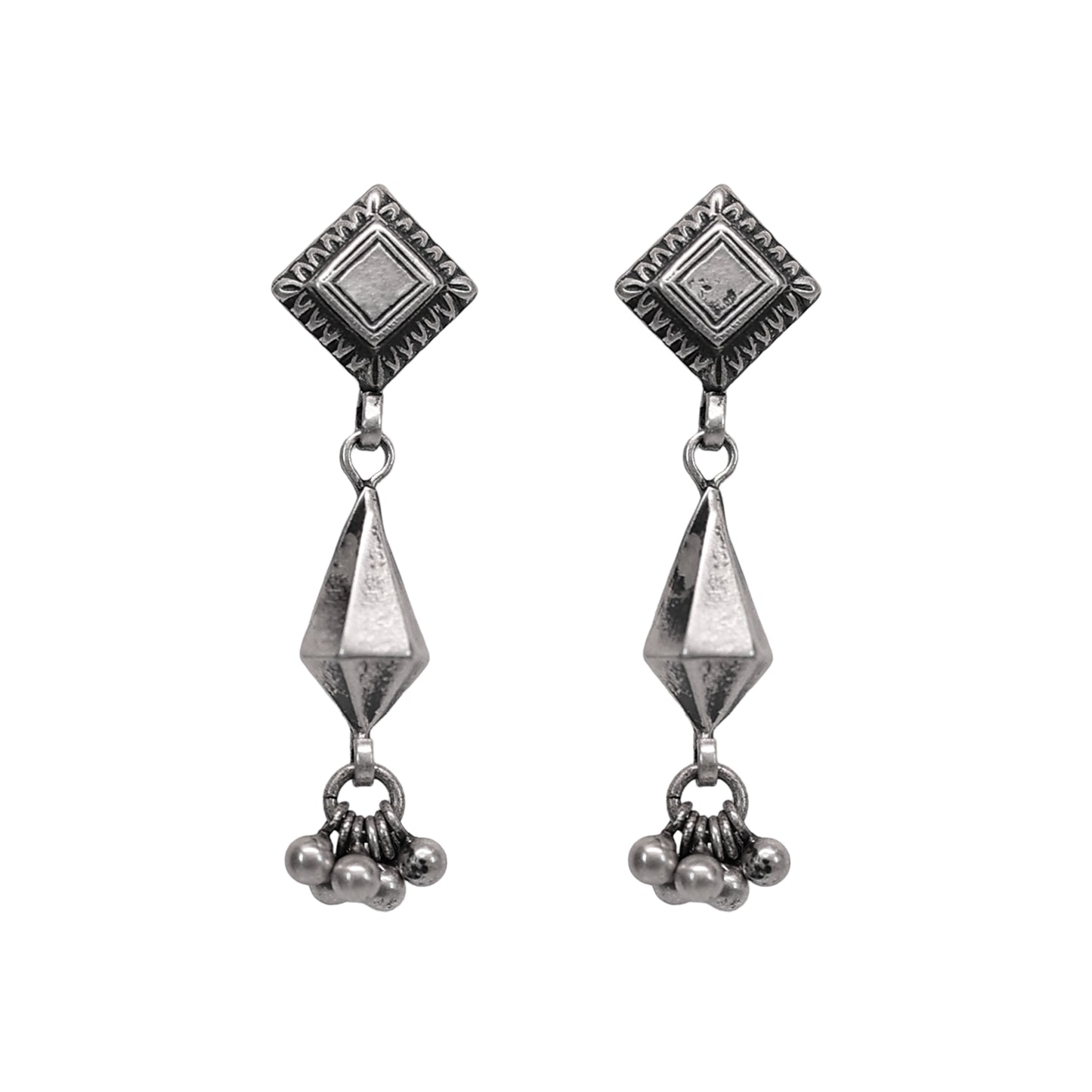 Taveez Handcrafted Stamped Silver Earrings with Ghungroos