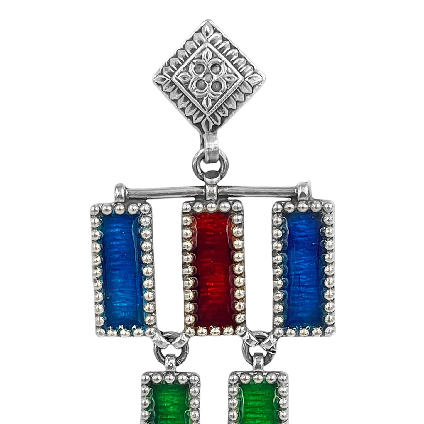 Sheesh Mahal Handcrafted Silver Chandelier Earrings – 4-Layer Stamped Design with Multicolored Meenakari & Silver Hooks