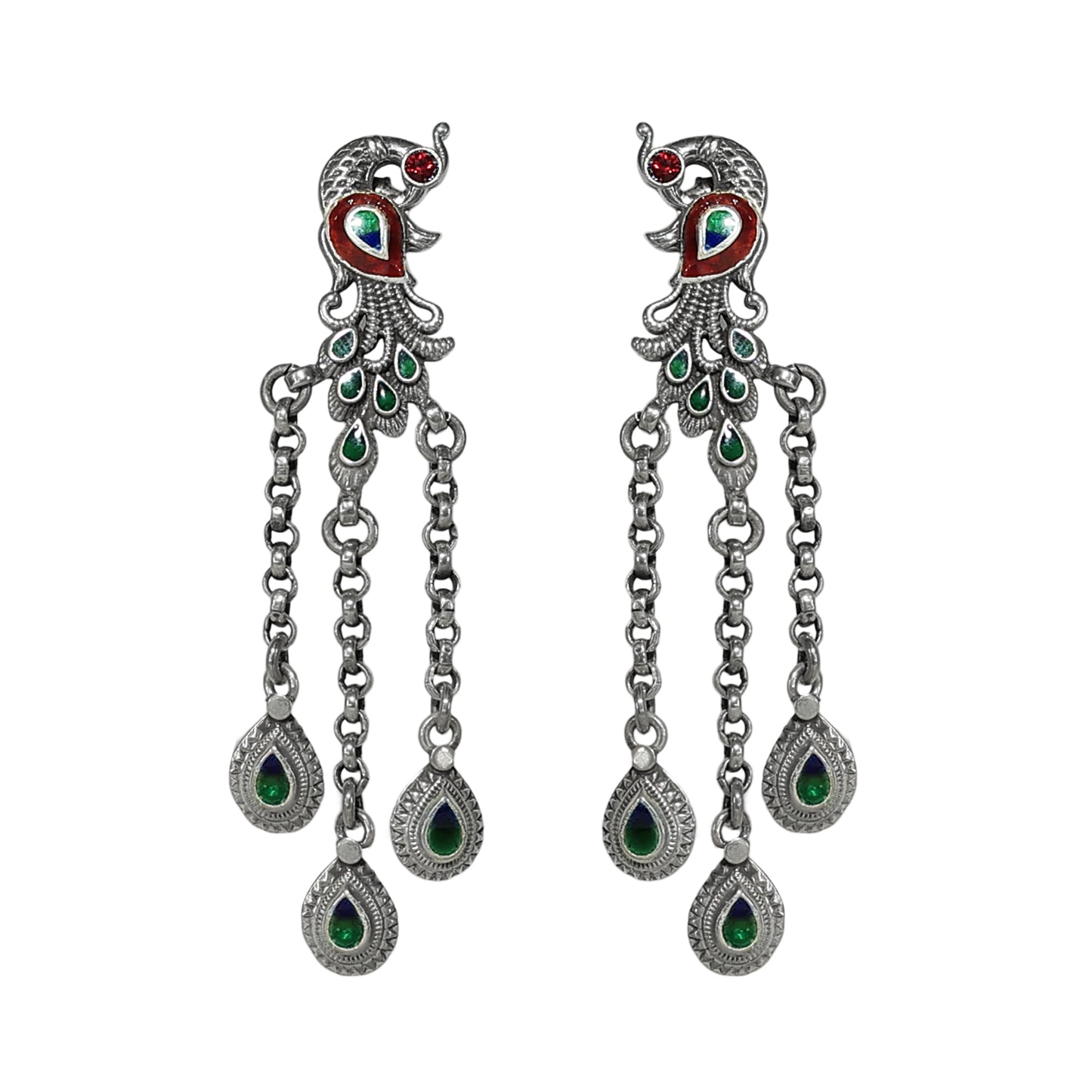 Phulwai Meenakari Dangling Earrings with Phulwari Stamping and Chain Detail