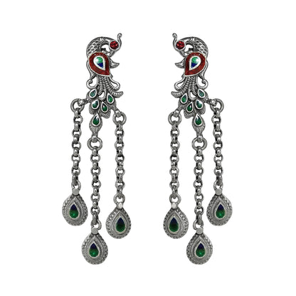 Phulwai Meenakari Dangling Earrings with Phulwari Stamping and Chain Detail
