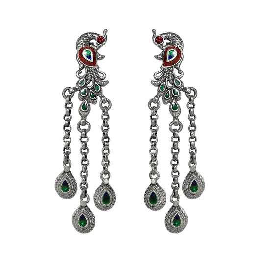 Phulwai Meenakari Dangling Earrings with Phulwari Stamping and Chain Detail